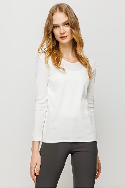 Desen Triko Women's Crew Neck Long Sleeve Basic Cotton Blouse White