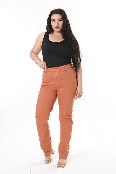 Şans Γυναικείο παντελόνι μεγάλου μεγέθους κανέλα ψηλόμεσο με 5 τσέπες Lycra Gabardine 65N38731