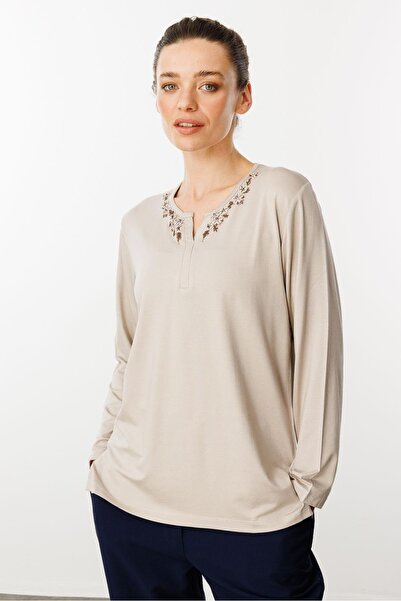 Desen Triko Μπεζ γυναικεία μπλούζα με δαντέλα με λουλούδια κεντημένη χτενισμένη βαμβακερή