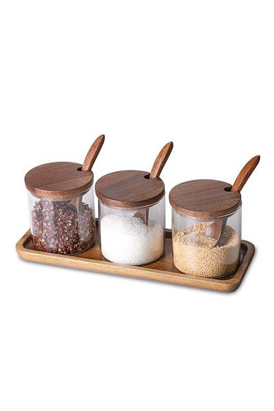 COOYA 3-Piece Spice Bottle Set, With Wooden Lid and Spoon, High-Quality Glass, Suitable for Kitchen