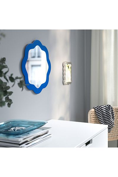 IKEA PRUNKHALLON Mirror, Blue, 40 cm - Wave-Shaped Design with Safety Film
