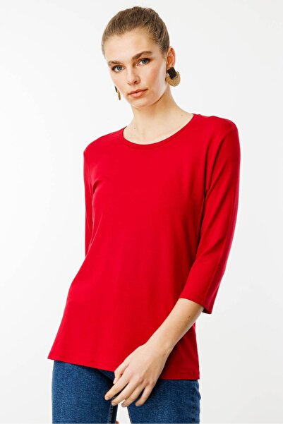 Desen Triko Women's Crew Neck Plain Combed Cotton Blouse Red