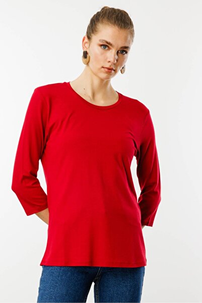 Desen Triko Women's Crew Neck Plain Combed Cotton Blouse Red