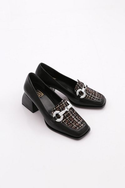 DGN Pantofi de damă cu vârf pătrat, textil, cataramă metalică, cu toc scurt, piele neagră 234462859
