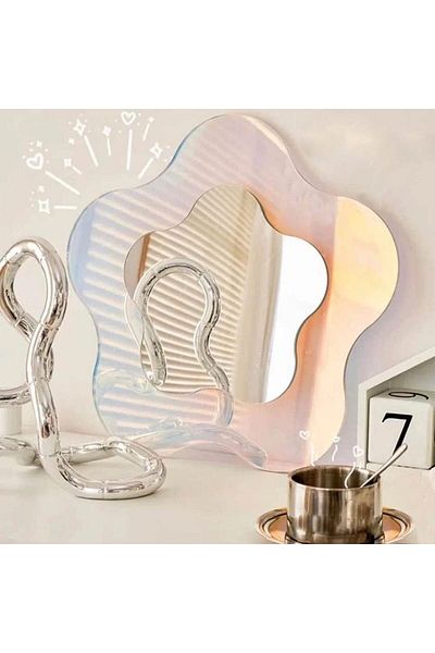 COOYA Irregular Wavy Vanity Funky Desk Mirror,with Wooden Stand for Living Room Bedroom Office and Home