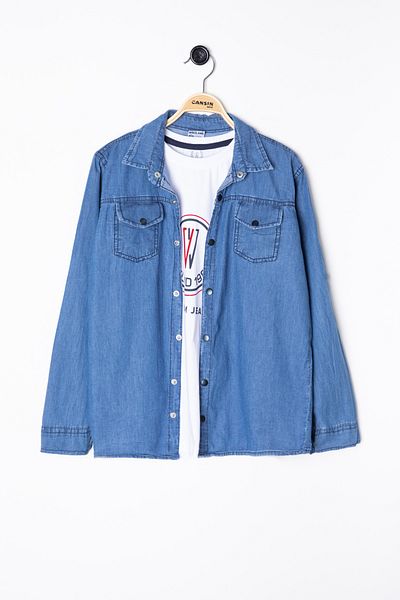 Cansın Mini Blue Crew Neck - Tricou Băiat Buzunar la piept Jean