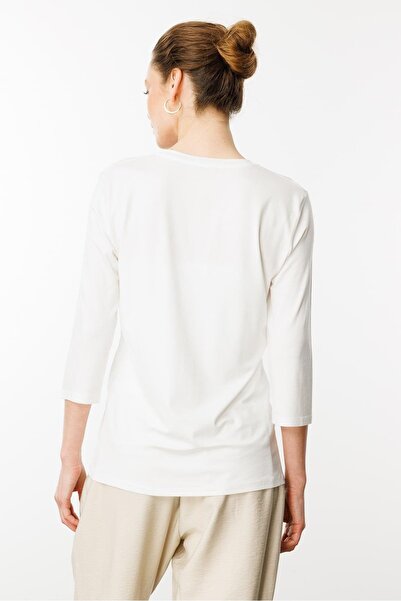 Desen Triko Women's Ecru Crew Neck Plain Combed Cotton Blouse