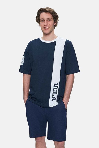UCLA Tricou oversize pentru bărbați cu decolteu rotund albastru bleumarin KEITH