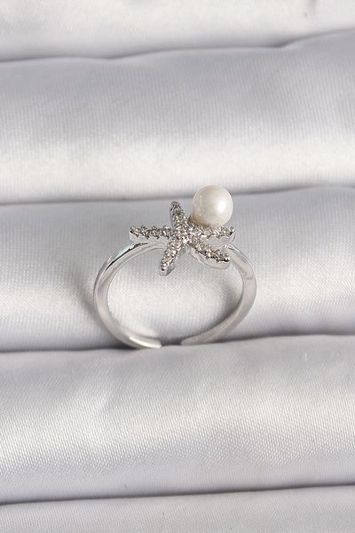 Skygo Brass Silver Color Zircon Stone Starfish Model Pearl Detail Adjustable Ring - Tj-Byk3550