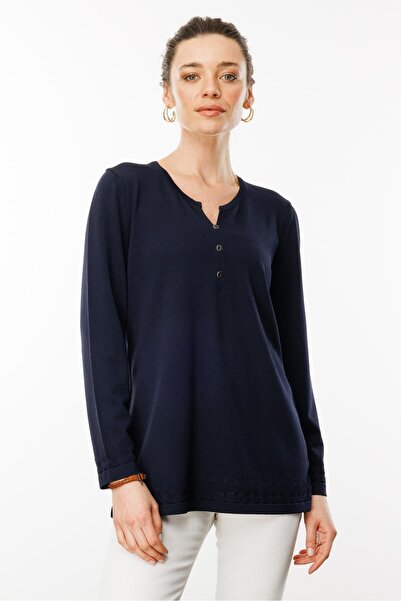 Desen Triko Γυναικεία πλεκτή μπλούζα με ανοιχτό γιακά με κουμπιά Navy Blue