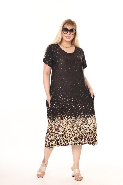 mezura tekstil Plus Size Women's Summer Double Pocket Knee Length Short Sleeve Midi Length Viscose Combed Cotton Dress