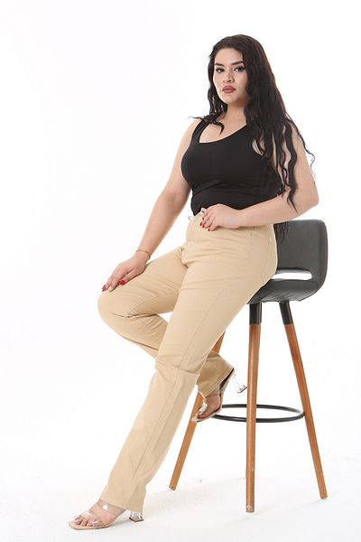 Şans Women's Plus Size Camel High Waist 5 Pockets Lycra Gabardine Pants 65N38731