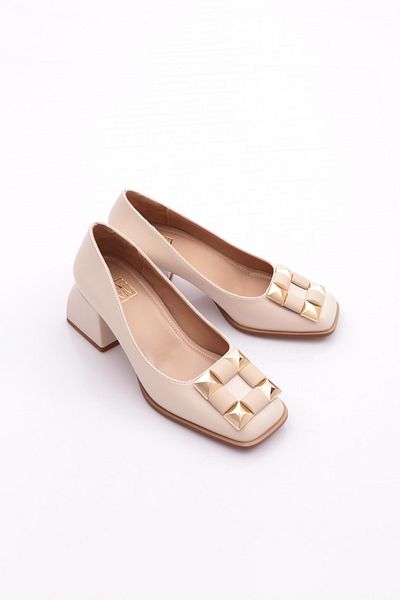 DGN Pantofi de damă cu cataramă pătrată, scurti, cu toc gros, bej 234492859