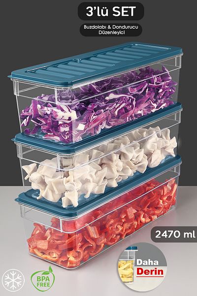 Meleni Home Set of 3 Deep Refrigerator Organizers Blue 2470ml Microwave Freezer Container and Storage Container