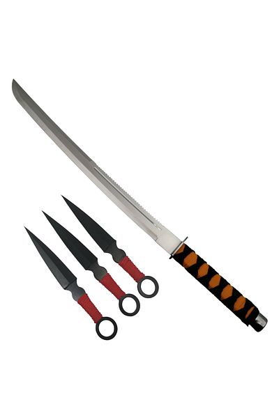 Depox Set de vânătoare IdeallStore®, sabie Ninja Path și set de trei cuțite de aruncat, oțel inoxidabil, negru