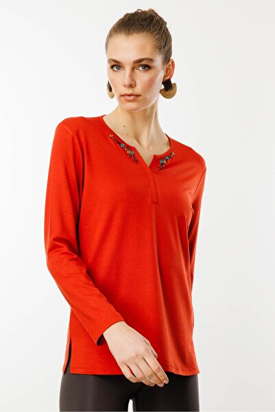 Desen Triko Kadın Sıfır Yaka El Nakışı İşlemeli Bluz Oranj
