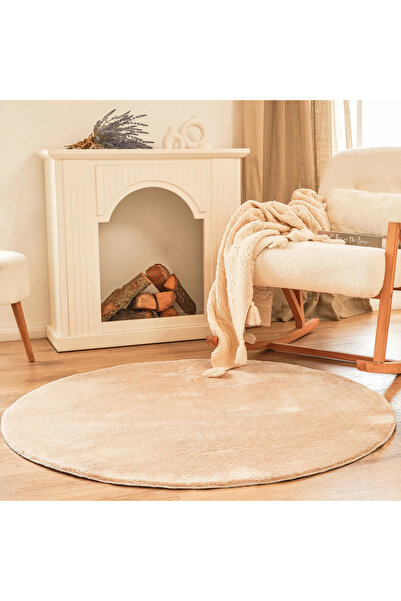 LİNOS HOME Covor de pluș rotund, bej, moale, lavabil, cu bază anti-alunecare, covoraș pentru sufragerie, bucătărie