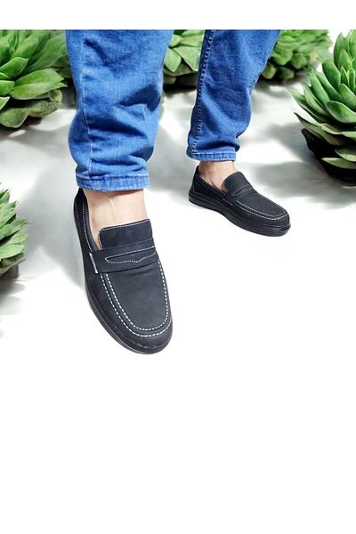GokceKundura06 Men's Nubuck Leather Black White Sole Stitched Comfortable Casual Shoes