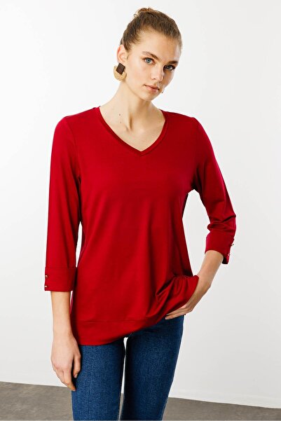 Desen Triko Women's V-Neck Combed Cotton Blouse Cherry