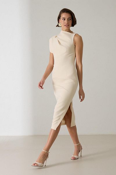 Setre Κρεμ φόρεμα με έναν ώμο με λεπτομέρεια Full Fit Midi μήκους