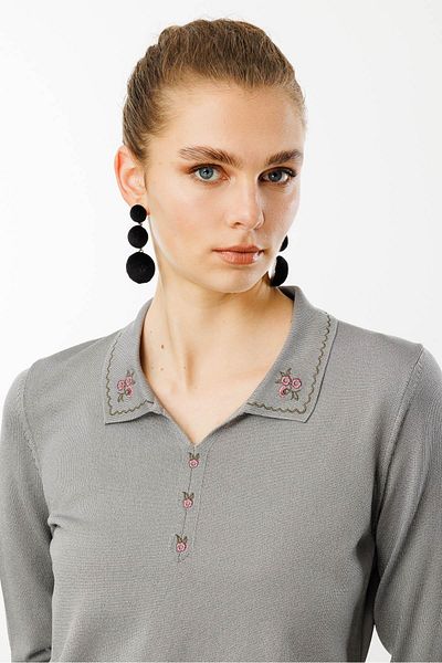 Desen Triko Women's Polo Neck Collar Embroidered Summer Knitwear Blouse Smoked