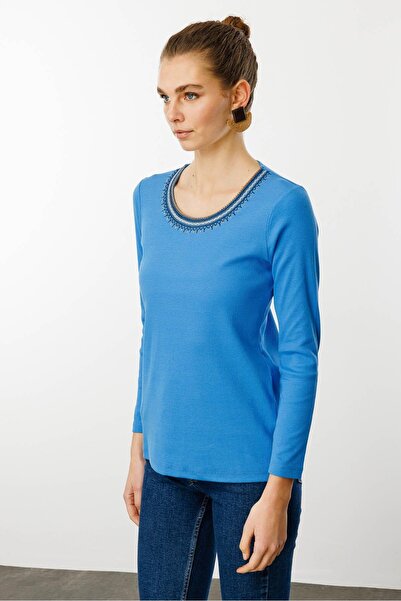 Desen Triko Bluză albastră cu decolteu cu broderie cu guler brodat