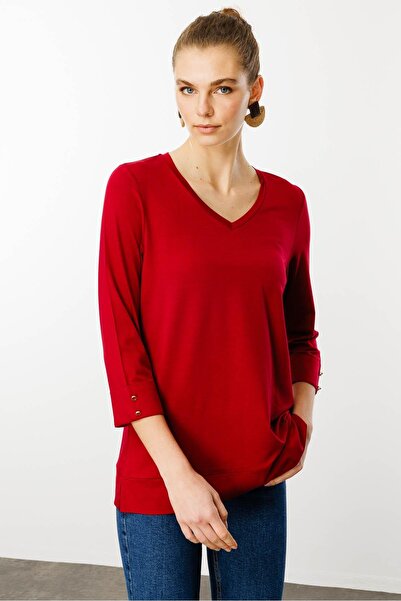 Desen Triko Women's V-Neck Combed Cotton Blouse Cherry