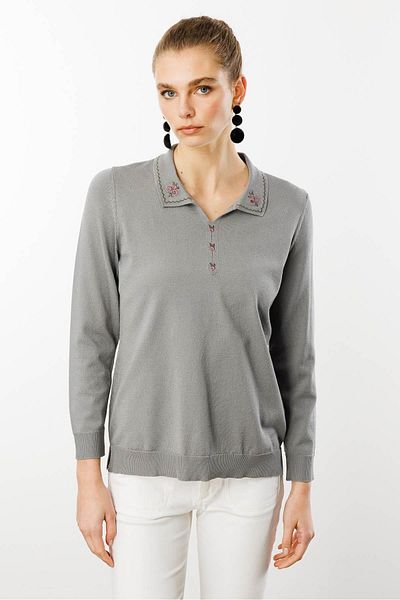 Desen Triko Women's Polo Neck Collar Embroidered Summer Knitwear Blouse Smoked