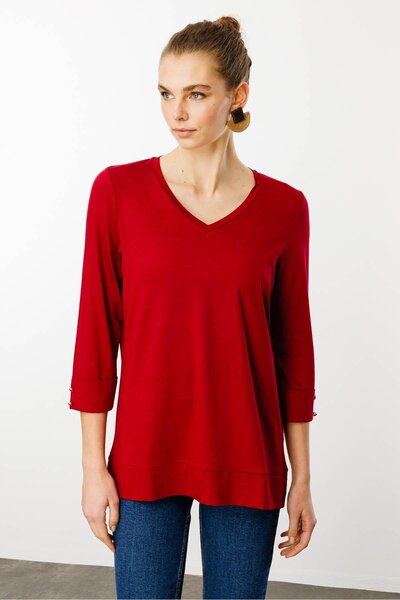 Desen Triko Women's V-Neck Combed Cotton Blouse Cherry