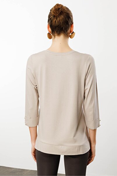 Desen Triko Μπεζ γυναικεία μπλούζα με λαιμόκοψη