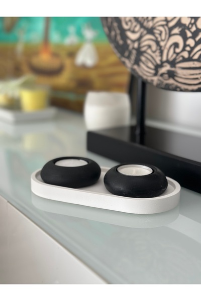 Twins 2-Piece Round Tealight Candle Holder with Black Oval Concrete Tray (Candles Included)