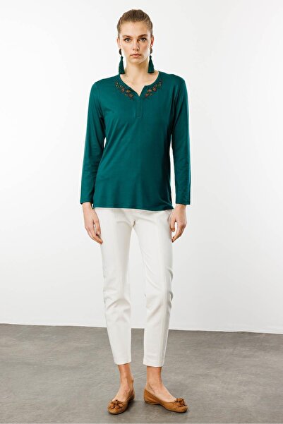 Desen Triko Πράσινη μακρυμάνικη μπλούζα - Γυναικείο κέντημα από χτενισμένο βαμβακερό