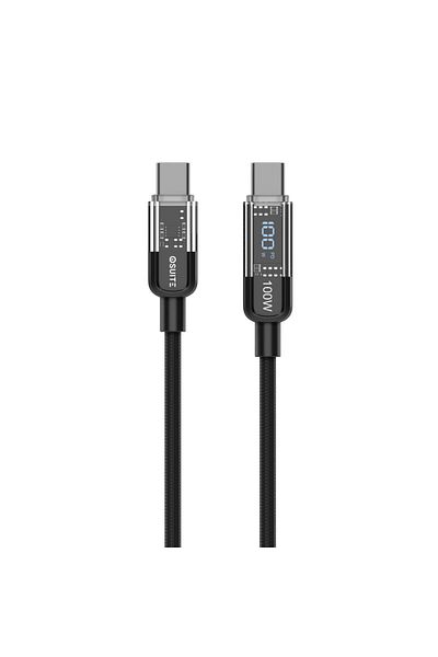 iOsuite كابل مضفر من سبائك الزنك (USB-C) إلى (USB-C) مع شاشة (إيقاف التشغيل الذكي) 100 وات - 1.2 متر - أسود
