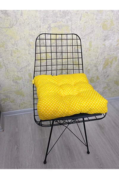 lazilla Sarı Renk Sandalye Minderi Düğme Dikişi Detaylı 40x40cm Bağcıklı
