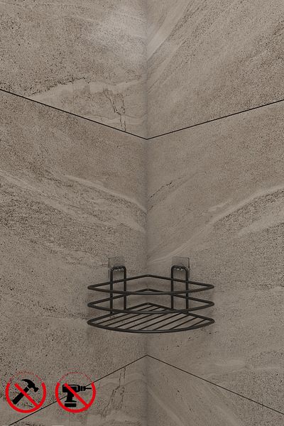 BellaBagno Organizator de raft de baie cu adeziv negru inoxidabil EK01.S, suport pentru șampon de colț negru