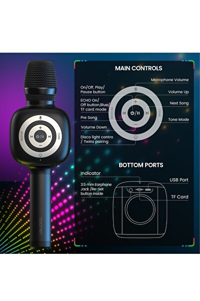 FlashHawk ميكروفون كاريوكي لاسلكي مع مكبر صوت وبلوتوث مع ضوء كرة ديسكو