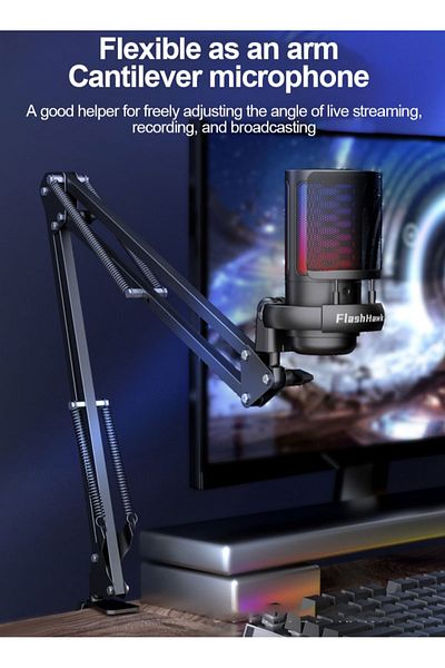 FlashHawk Gaming PC USB Microphone,Podcast Condenser Mic with Boom Arm,Pop Filter,Mute Button