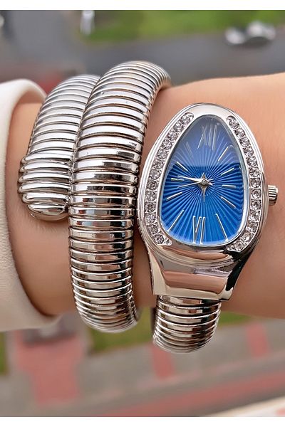 Merand Stoned Snake Model Silver Colored Special Design Women's Wristwatch and Bracelet Gift