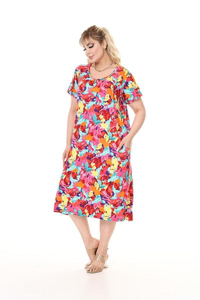 mami butik Plus Size Short Sleeve Above Knee Double Pocket Standard Size Stylish Comfortable Viscose Combed Cotton Dress