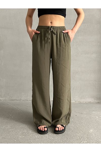 BEJNA Khakifarbene Palazzo-Hose aus weichem Modal mit elastischem Bund für Damen