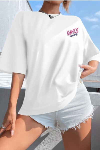 Trendseninle Női fehér Crew Neck Games nyomott nagyméretű póló