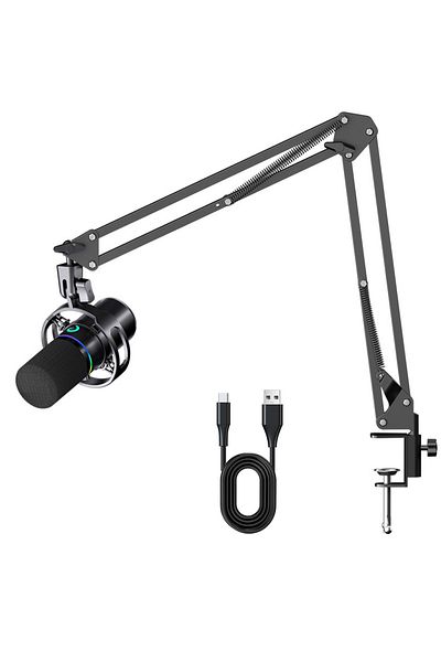 FlashHawk XLR/USB Dynamic Microphone Kit, RGB Podcast Mic with Mute, Gain Knob, Volume Control