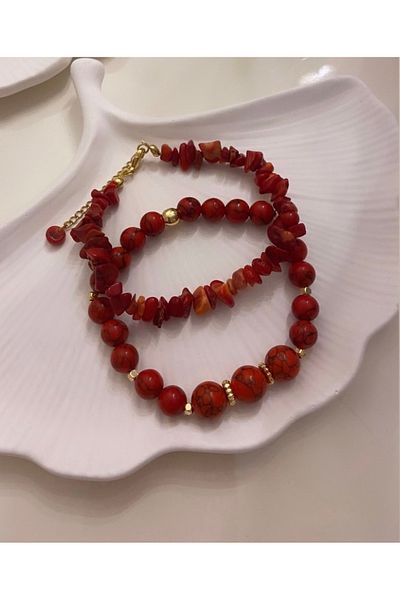 TARZ-I TAKI (Two Bracelets) Natural Stone Red Coral Stone Gold Plated Women's Bracelet Mother Beloved Gift