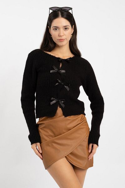 RTD&VLD Women's Vita-178 Bow Slim Fit Zigzag Bow Sweater Black