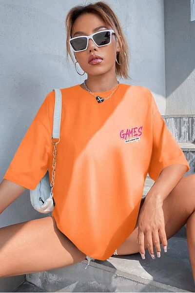 Trendseninle Γυναικείο μπλουζάκι με πορτοκαλί λαιμόκοψη με στάμπα oversize
