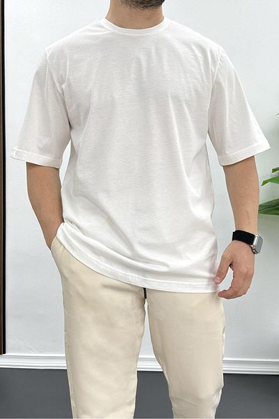 Edwox Men's Oversize Cotton Basic T-Shirt Ecru Edw089