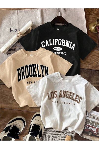 GLOWES Tricou oversize cu imprimeu Los Angeles, unisex, 3 piese pentru copii
