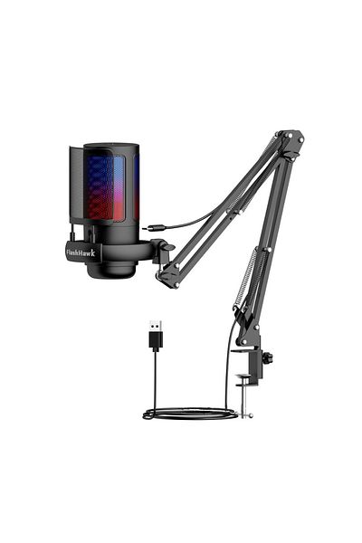 FlashHawk Gaming PC USB Microphone,Podcast Condenser Mic with Boom Arm,Pop Filter,Mute Button