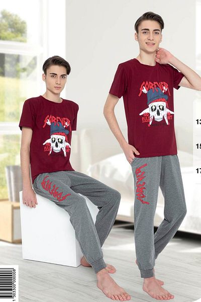 KuguKids Set de pijamale pentru băieți cu model de craniu de culoare burgundă