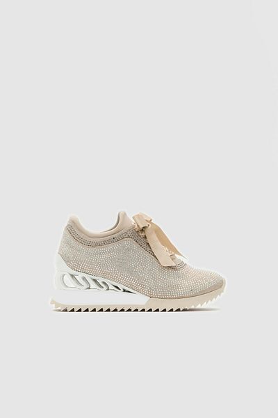 Seniorah Beige Suede and Crystal Stone Detailed High Sole Women's Sneakers